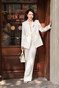 Women's Cream <b>Wool</b> Blend <b>Pants</b> Suit Blazer V Neck Full Sleeve Single Breasted Anti Wrinkle Business Wear - Product Image 1