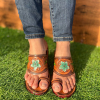 Sandales à bout ouvert en cuir véritable de vachette véritable fait à la main pour femmes style occidental décontracté extérieur tongs plates turquoise