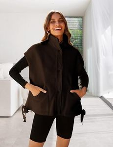 2026 Best Selling <b>Women's</b> Dark Brown Oversized <b>Sherpa</b> Fleece Vest Casual Stand Collar Sleeveless <b>Jacket</b> Drawstring Hem OEM - Product Image 3