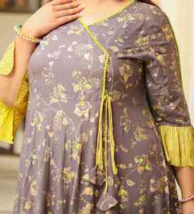 Rayon Floral Anarkali Kurti Women's <b>Plus</b> <b>Size</b> Angrakha Neck Bell Sleeves Flared Fit Casual Party Wear Grey Color - Product Image 6