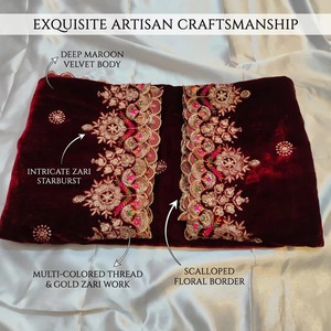 Dupatta de luxe en velours bordeaux, broderie florale Zari dorée, bord festonné, châle de mariée indien, cadeau pour femme, Diwali - Product Image 4