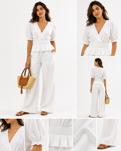 Women Two Piece Set Summer Casual 100% <b>Linen</b> V Neck Puff Sleeve Peplum <b>Top</b> And Wide Leg Pants Matching Outfits Wholesale - Product Image 2