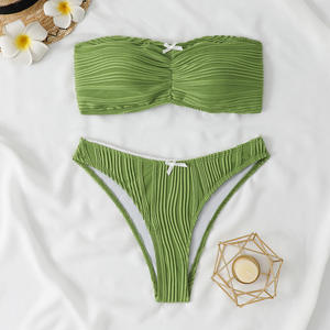 Women's <b>White</b> Ruched Bandeau <b>Bikini</b> <b>Set</b> 2 Piece Solid Stretch Swimwear Hipster Bottoms - Product Image 3