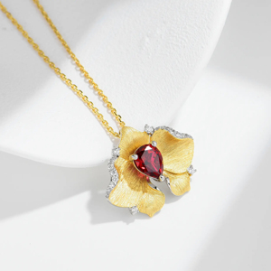 Flower Pendant <b>Necklace</b> Yellow Gold <b>Ruby</b> Center Diamond Accents Box Chain Women's Luxury Jewelry - Product Image 3