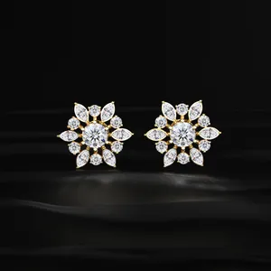 Round and Marquise <b>Cluster</b> Diamond Earring <b>Light</b> Weight Diamond Earrings Tiny Design Diamond Earrings From Indian Supplier - Product Image 1