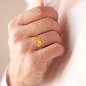 Elegant Gold <b>Ring</b> <b>for</b> <b>Men</b> Featuring a Single Diamond and a Diamond Patterned Band Dominion Crosscut <b>Men's</b> Solitaire Diamond <b>Ring</b> - Product Image 2