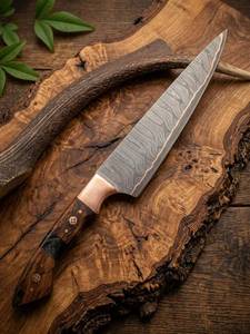 Couteau de chef japonais en acier Damas 7 pouces avec manche en bois et étui en cuir, couteaux de cuisine forgés pour droitiers - Product Image 3