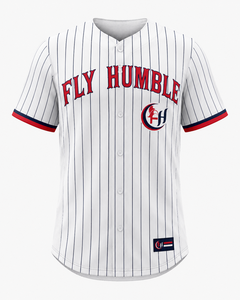 Camiseta de Béisbol Fly Humble para Hombre, Blanca con Rayas Finas, Manga Larga, Cuello en V, Cierre de Botones, Transpirable, Antibacteriana, 220g Poliéster - Product Image 1