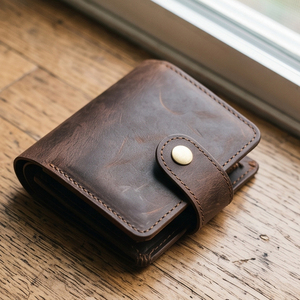 Portefeuille en cuir véritable pour homme, fait main, minimaliste, fermeture à bouton pression, court, usage quotidien, marron, unisexe - Product Image 3