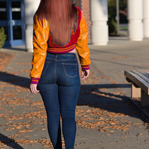 Veste courte universitaire pour femme, style Letterman, rouge et orange, avec manches en similicuir, vêtement d'extérieur décontracté, mode féminine - Product Image 6