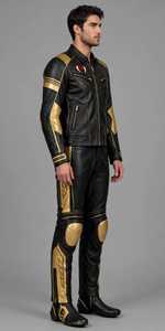 Conjunto de Chaqueta y Pantalones de Motociclismo de Cuero Negro y Dorado con Estampado Personalizable para Hombre - Product Image 4