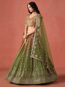 Lehenga Choli de Chifón Verde Oliva Bordado con Estampado Floral, Cuello en V, Manga Tres Cuartos, Largo hasta el Suelo, Silueta en A, Sin Espalda - Product Image 1