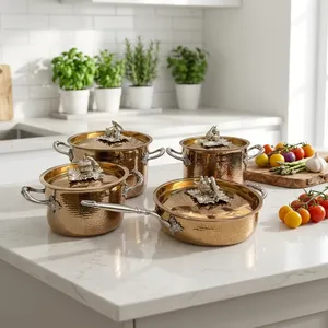 Hammered Stainless Steel Cookware Set of 4 Pot And Frying <b>Pan</b> European Design Stainless Steel Handles Vegetable Lid Oven Safe - Product Image 3
