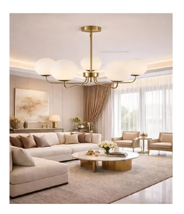Elegant Mid Century <b>Modern</b> 5 <b>Light</b> Brass Sputnik Linear Chandelier Frosted Metal Globe Shades <b>LED</b> Dimmable <b>Ceiling</b> Pendant <b>Light</b> - Product Image 1