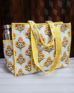 Trending Item White Yellow Marigold Floral Cotton Kantha Quilted Storage Tote <b>Bag</b> Women Shoulder Travel Carrying Handbag Printed - Product Image 4