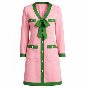 Nuevo Vestido de Punto Ponte Transpirable para Mujer, con Lazo, Color Rosa Sólido con Detalles Verdes, Botones al Frente, Elegante, para Eventos Formales o Casuales - Product Image 1
