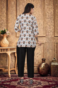 Ensemble de vêtements de détente en tissu magique imprimé blanc doux au toucher, 2 pièces, respirant, col rond, survêtement pour femmes, pantalon assorti - Product Image 3