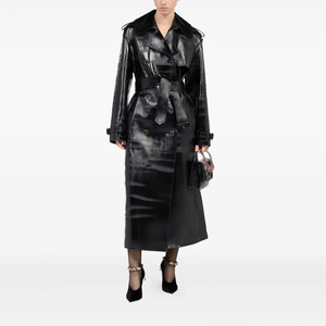 Manteau long élégant en cuir PU noir avec doublure en peau de mouton, à double boutonnage, ceinturé, imperméable, pour femme, idéal pour l'automne - Product Image 1