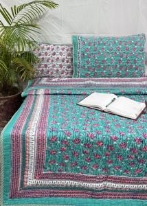 Hand Block Printed 100% Cotton Thin Quilt Set Floral Reversible King Size <b>Comforter</b> Pillow Covers 300tc 3 Pcs Wholesale Bedding - Product Image 2