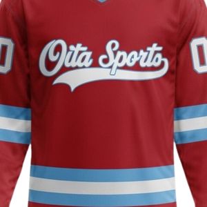 Men <b>Red</b> Blue Sublimated Ice Hockey V Neck Striped Jersey Shorts Set Polyester Sports Uniform Match Training Performance Clothing - Product Image 5
