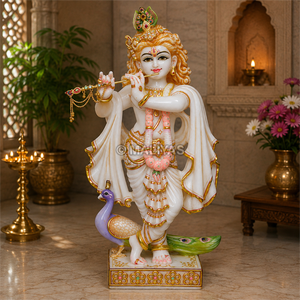 Marble Krishna Statue | White Marble Lord Krishna Murti | Handcrafted Flute Playing Krishna Idol | MALIYAS Jaipur India - Product Image 1