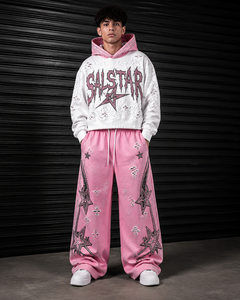 Ensemble survêtement Salstar pour homme : sweat à capuche blanc et pantalon de jogging rose, imprimé pailleté, style streetwear, coupe ample, longueur intégrale, tenue décontractée d'automne - Product Image 1