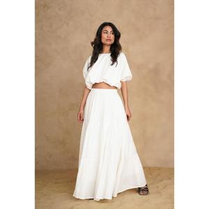 Conjunto de Dos Piezas Estilo Bohemio Blanco, Top Corto con Mangas Abullonadas y Falda Larga en Línea A, Cintura Natural, Color Sólido, Vestido de Verano para Mujer - Product Image 3