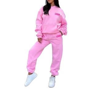 Ensemble de survêtement rose pour femme, sweat-shirt à manches longues et pantalon à col rond avec logo imprimé, coupe ample, tenue décontractée pour l'automne - Product Image 1