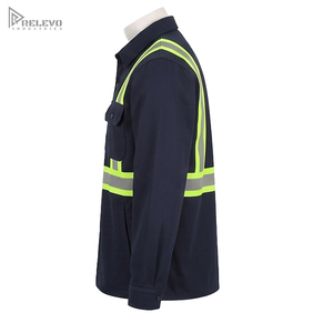 Chemise de travail de sécurité bleu marine personnalisée OEM, coton et polyester sergé, double poche à rabat, coutures fluorescentes, chemise de sécurité réfléchissante - Product Image 2