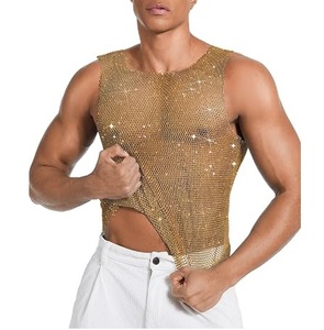 Débardeur sans manches en maille à strass pour homme, col rond, style urbain, motif à pois roses, tricoté, coupe régulière, respirant, vente en gros - Product Image 3