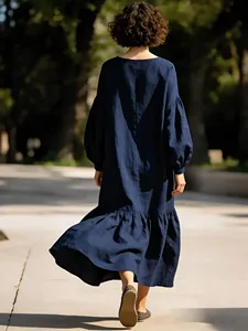 Women Black Cotton Maxi <b>Dress</b> O Neck <b>Long</b> Sleeve Loose Fit <b>Boho</b> Casual Flowy Summer <b>Dress</b> - Product Image 3