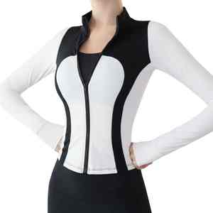 Chaqueta de Yoga Blanca con Contraste en la Parte Delantera y Trasera para Mujer, Manga Larga, Ropa Deportiva para Gimnasio, de Secado Rápido, con Cierre Completo, Ajuste Regular - Product Image 1