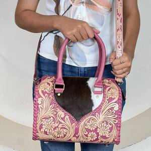 Luxury Tooled Genuine Cowhide Leather Western 11 Inch Speedy <b>Duffel</b> <b>Bag</b> Floral Design Handcrafted Lady Shoulder Weekender Sport - Product Image 3
