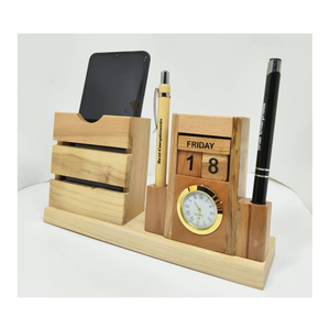 Support à stylos en bois avec horloge, support de papeterie en bois avec fente pour téléphone et affichage du calendrier, meilleur prix - Product Image 1