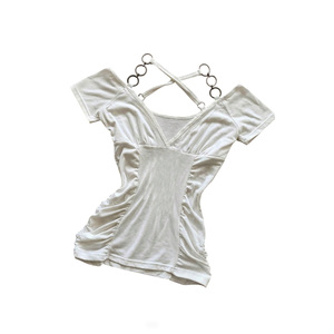 2026 Silver Ring Strap Ruched White <b>Tops</b> Cross Back <b>Layered</b> Slim Tee Wholesale Women's Shirts Custom OEM Streetwear Clothing - Product Image 3
