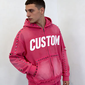 เสื้อฮู้ดดี้ผู้ชายทรงโอเวอร์ไซส์ สีชมพูสด แต่งหมุด ซิปยาว ขอบรุ่ย ขาดๆ แบบสตรีทแคชชวล ขายส่งจากโรงงาน ปรับแต่งได้ - Product Image 2
