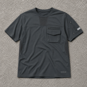 เสื้อยืดเทคแวร์ทรงโอเวอร์ไซส์สำหรับผู้ชาย แบบขายส่ง รับผลิตตามสั่ง (OEM) ผ้าฝ้ายฟลีซ 100% ซับเหงื่อ สีเทาเข้ม มีหลายกระเป๋า - Product Image 1