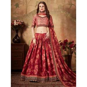 Superbe mariage en soie organza marron à imprimé floral Lehenga Choli avec chemisier pêche - Product Image 2