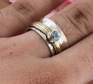 925 <b>Silver</b> Classic Bezel Setting Blue Topaz Wide Band <b>Spinner</b> <b>Ring</b> Wedding Meditation Women's Anxiety Relief Jewelry Wholesale - Product Image 2