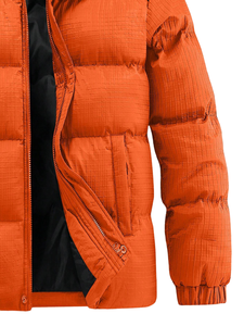 Blouson matelassé orange pour homme, coupe-vent, en polyester épais, décontracté, col montant, fermeture éclair, coupe régulière, couleur unie, à capuche - Product Image 5