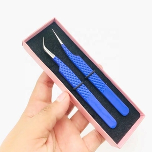 Shin Silver Tip And Dark Blue Powder Coated Color With Fiber Tip Eyelash Tweezer Diamond Grip Stainless Steel / Card <b>Box</b> Packing - Product Image 2