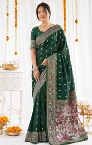 AARA Fashion <b>Green</b> <b>Silk</b> Saree Floral Embroidery Border Sun Protection for Wedding Party Diwali Occasions Women Traditional Wear - Product Image 3