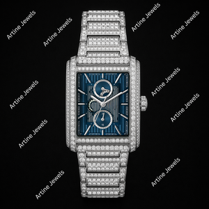 Montre de luxe pour homme, mouvement à quartz, acier inoxydable, cadran bleu, pavé de diamants, rectangulaire, fermoir caché, 41 mm, résistante à l'eau 3 BAR - Product Image 3