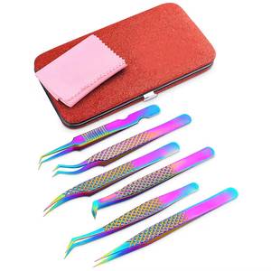 Ensemble de pinces à cils de précision en acier inoxydable avec finition arc-en-ciel et pointes dentelées pour une application détaillée des cils - Product Image 1