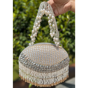 “Luxury Handmade Pearl & Crystal Embellished Dome-Shaped Evening Handbag | Silver <b>Beaded</b> <b>Fringe</b> Designer Purse with Pearl Handle - Product Image 2
