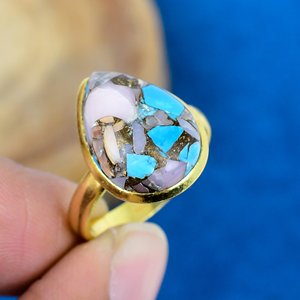 Natural Pink <b>Opal</b> Copper Turquoise Pear Shape Gemstone <b>Ring</b> 18k <b>Gold</b> Micron Over 925 Solid Sterling Silver - Product Image 1