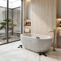 Baignoire autoportante ovale en marbre massif moderne sur mesure, capacité 20 gallons, pour hôtel, villa, salle de bain