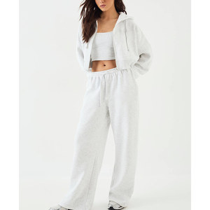 Modest Sexy Lady Crop Sweatsuit Custom 3D Embroidery Long Sleeve Jacket ODM OEM Straight Leg Sweatpants Cotton <b>Fleece</b> 2PCS Set - Product Image 1