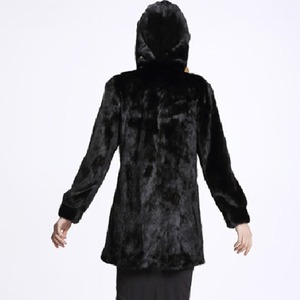 Elegant <b>Women</b> Faux <b>Fur</b> <b>Coat</b> <b>Hooded</b> Midi Length Thick Warm Winter Outerwear Single Button Solid <b>Black</b> Casual Style - Product Image 2