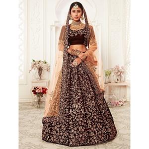 Lehenga choli ผ้ากำมะหยี่ปักสีแดงเข้มสำหรับเจ้าสาว - Product Image 6